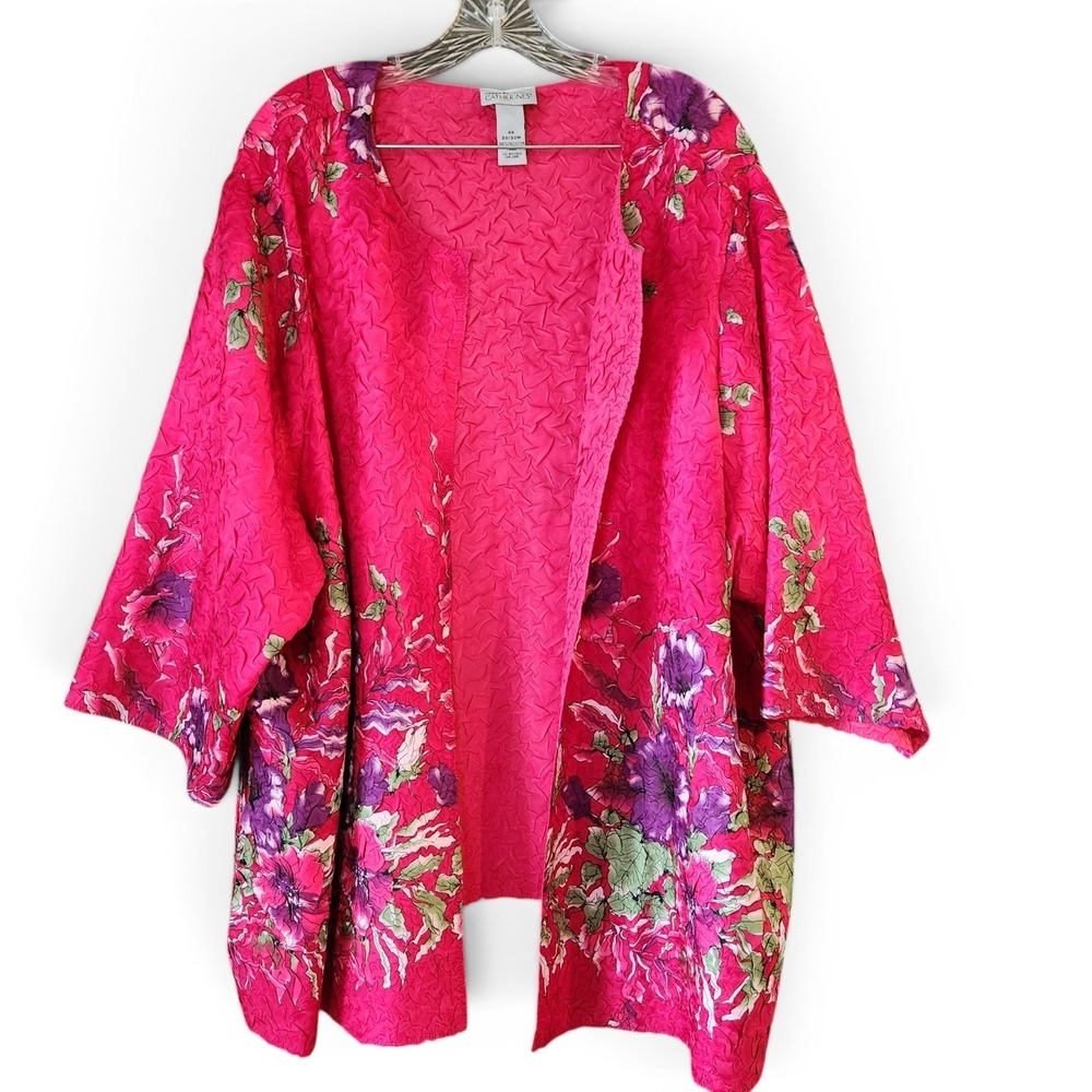 CATHERINES MAGGIE BARNES Crinkle Kimono Open Cardigan 4X 30/32W Fuschia Floral